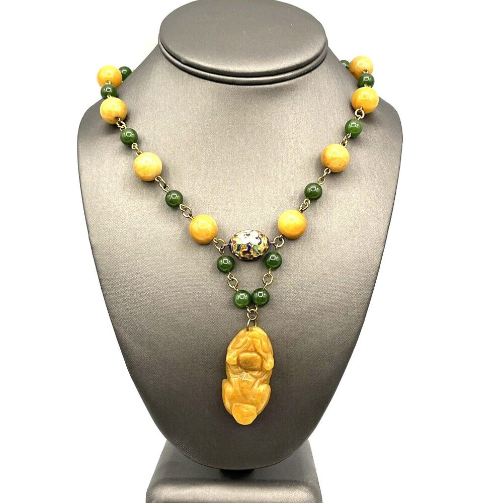 Yellow Jade & Green Nephrite Jade Cloisonne Beaded Carved Foo Dog Necklace 18"